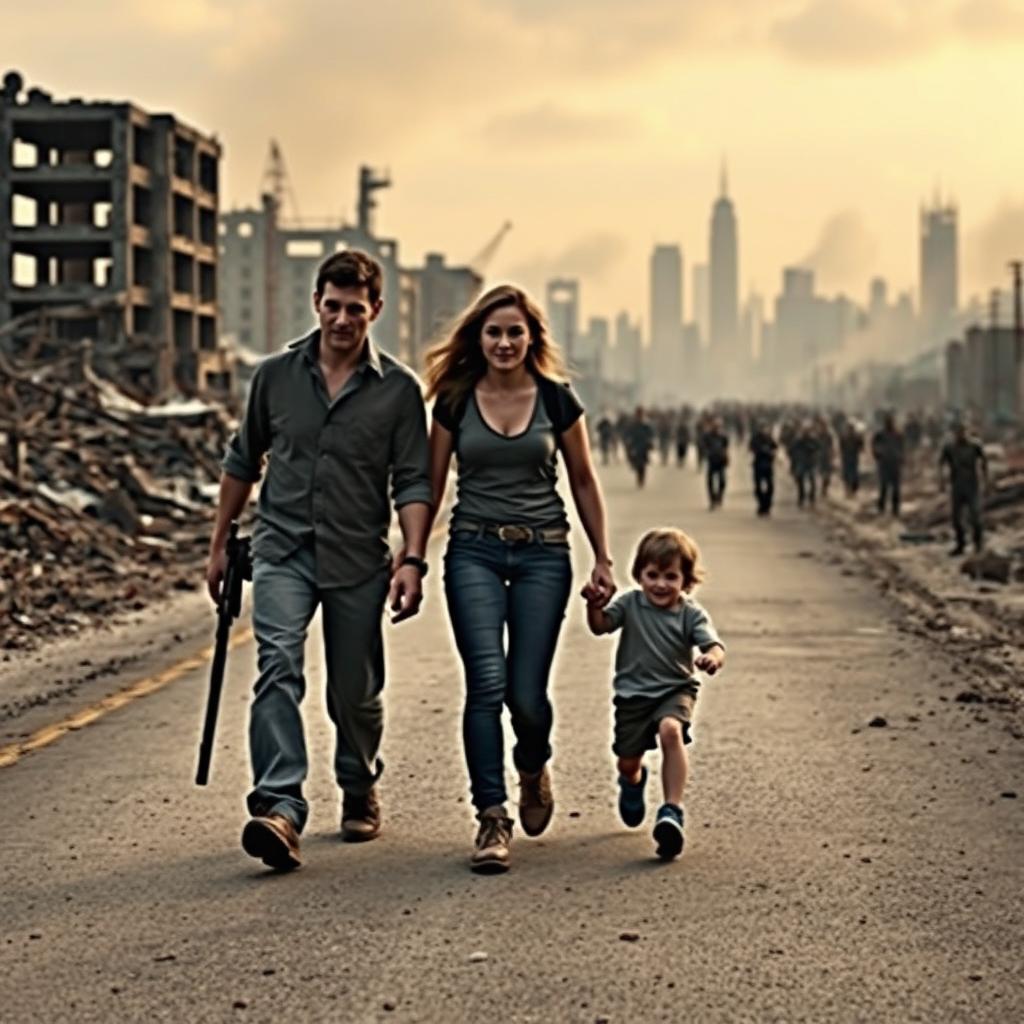 A man, his wife, and their son walking along a desolate road, with a devastated city in the background