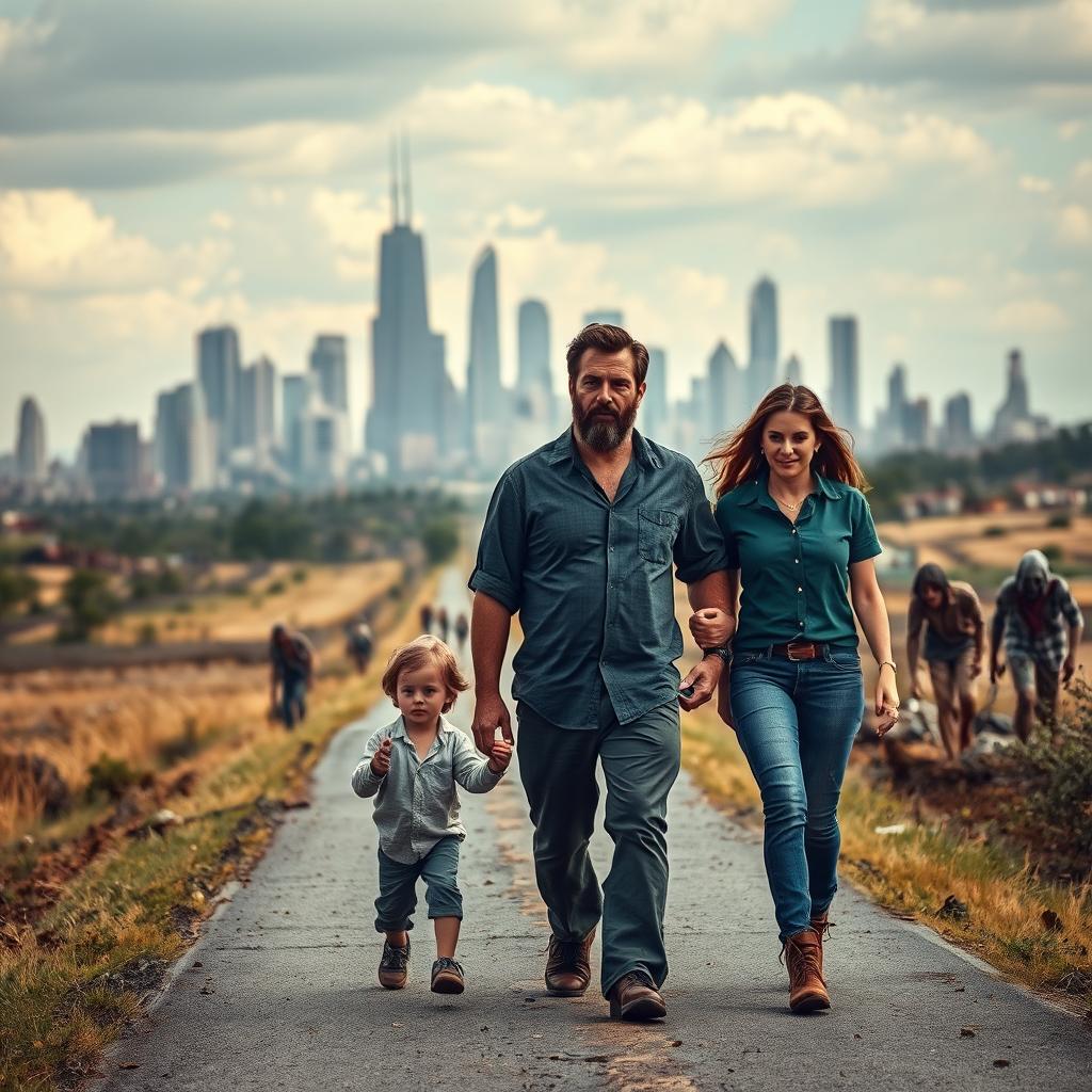 A medium-bearded man walking on a rural road alongside his wife and their twelve-year-old son, prominently centered in the frame
