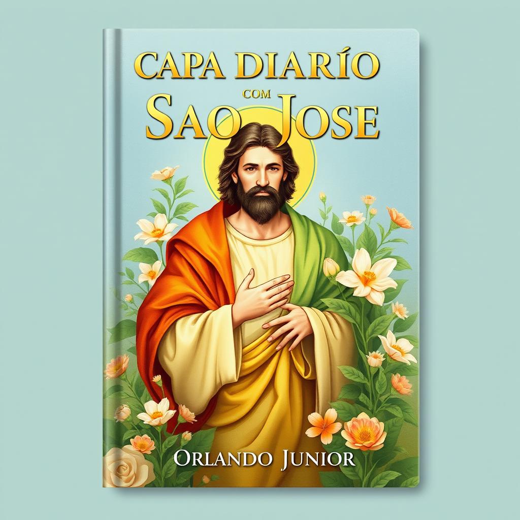 A captivating diary cover design for 'CAPA DIARIO COM SAO JOSE' by author Orlando Junior, featuring a striking illustration of Saint Joseph, depicted in a compassionate and nurturing pose