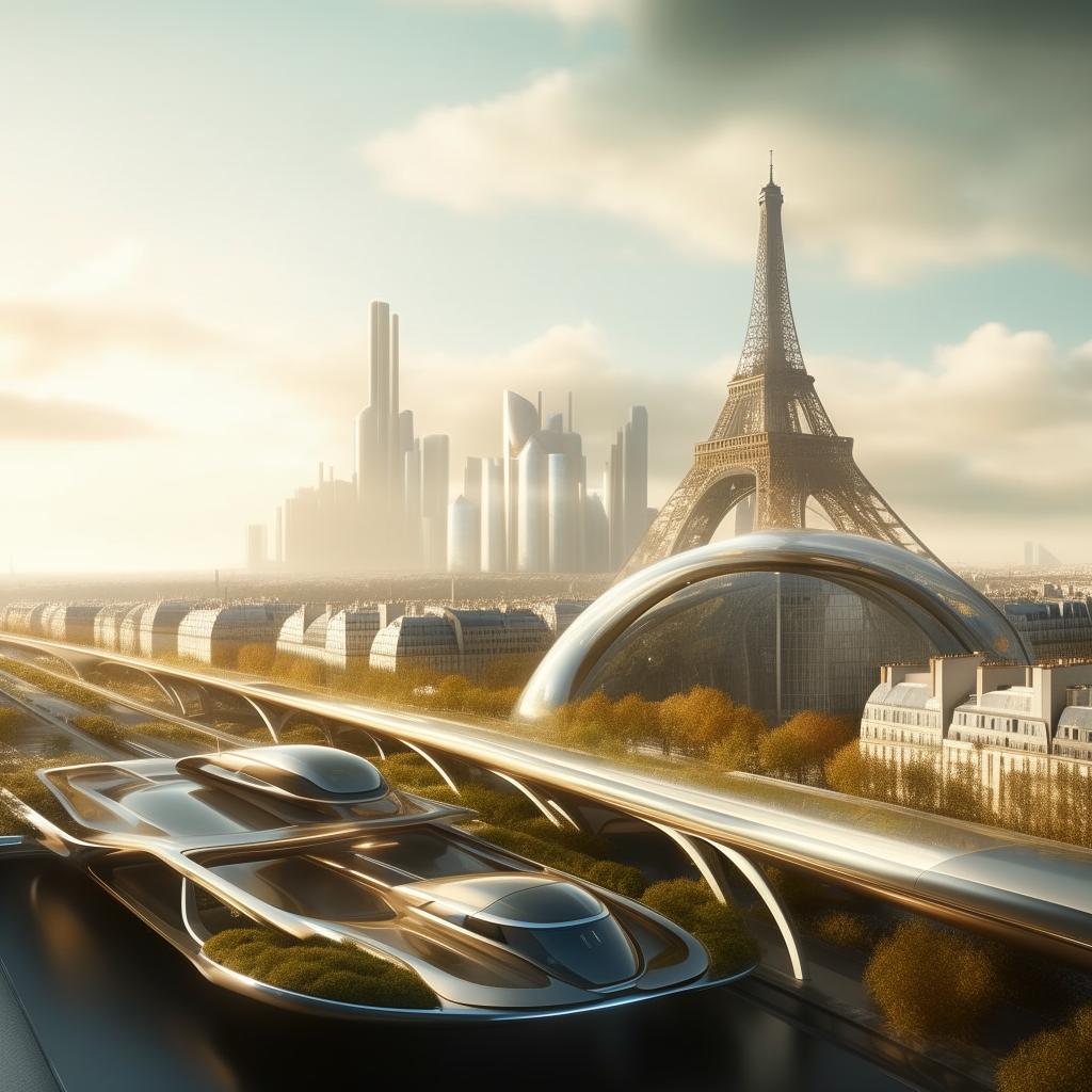 Futuristic Paris, 200 years from now, with advanced architecture, self-driving vehicles, and eco-friendly urban planning.