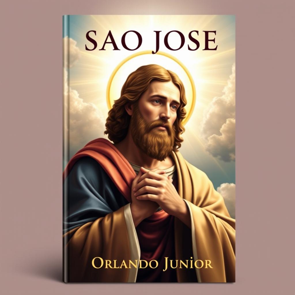 A striking book cover design for 'SAO JOSE' by author Orlando Junior, featuring a majestic portrait of Saint Joseph depicted in a classic, reverent style