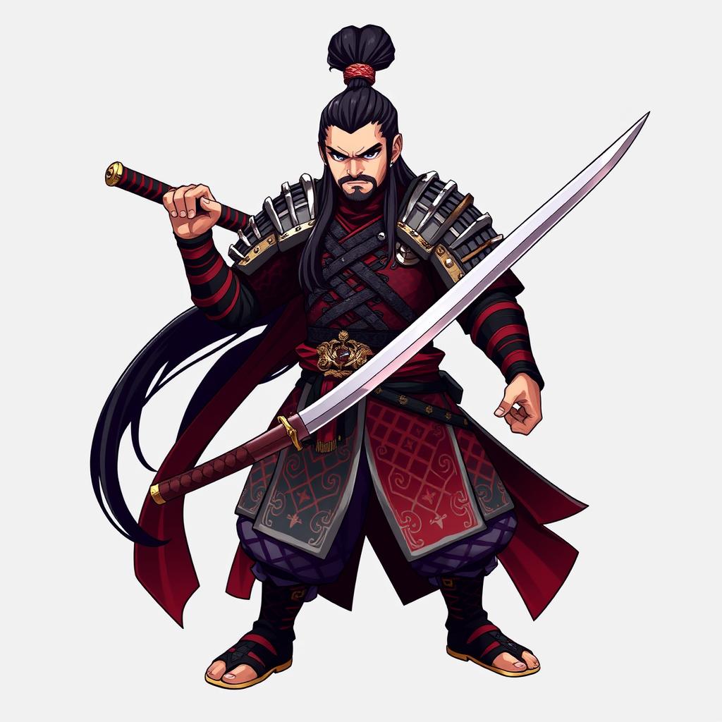 A character design for a samurai-themed video game, featuring a fierce and noble samurai warrior
