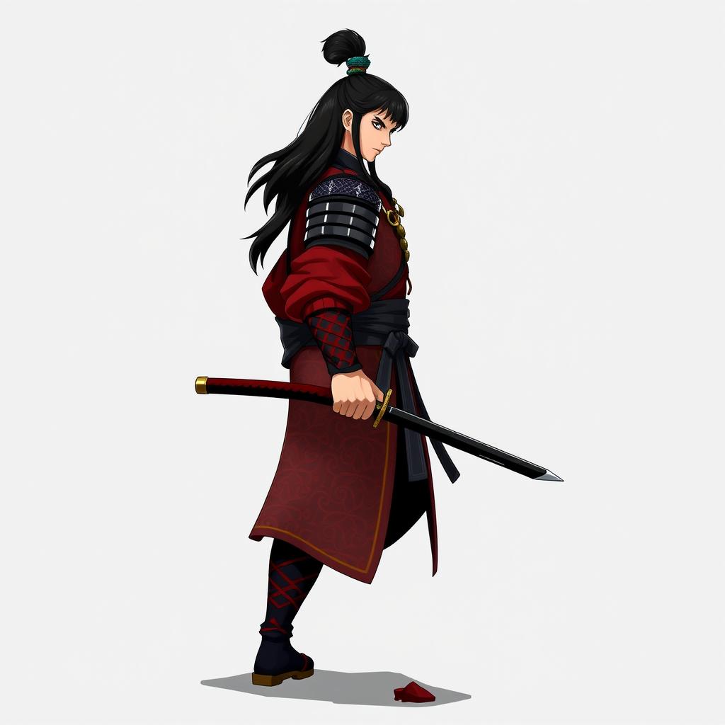A character design for a samurai-themed video game, featuring a fierce and noble samurai warrior standing in profile (side view)