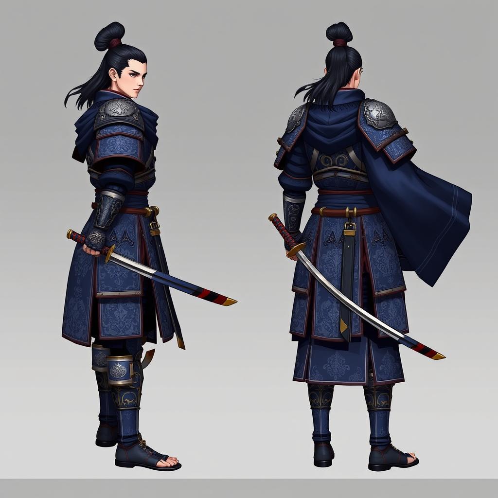 A character design for a samurai-themed video game, featuring a noble samurai warrior standing in profile (side view)