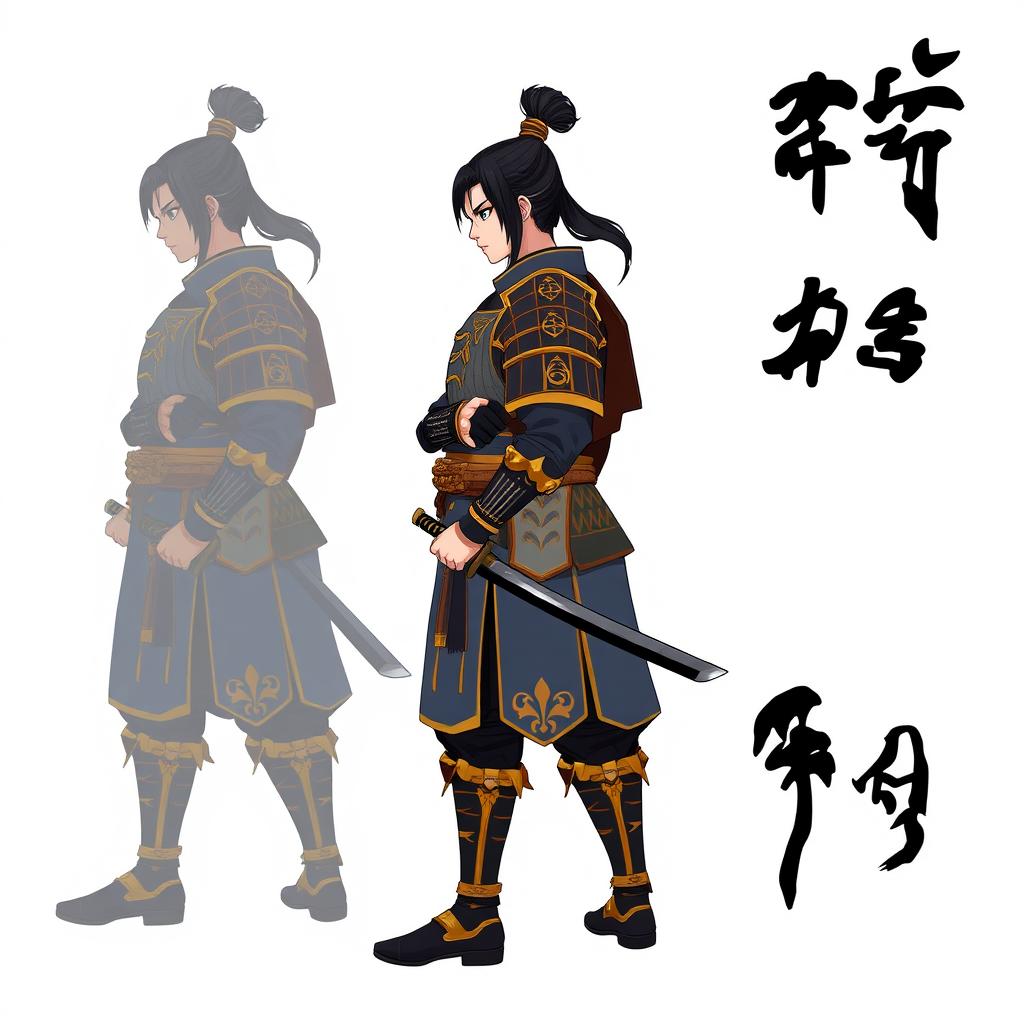 A character design for a samurai-themed video game, featuring a strong and noble samurai warrior standing in profile (side view)