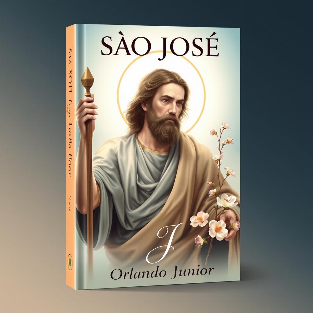 A captivating book cover design for 'SÃO JOSÉ' by author Orlando Junior, showcasing a stunning depiction of Saint Joseph in a serene and thoughtful posture