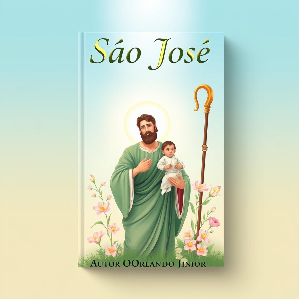 A beautiful book cover design for 'São José' by author Orlando Junior, showcasing a serene and thoughtful depiction of Saint Joseph