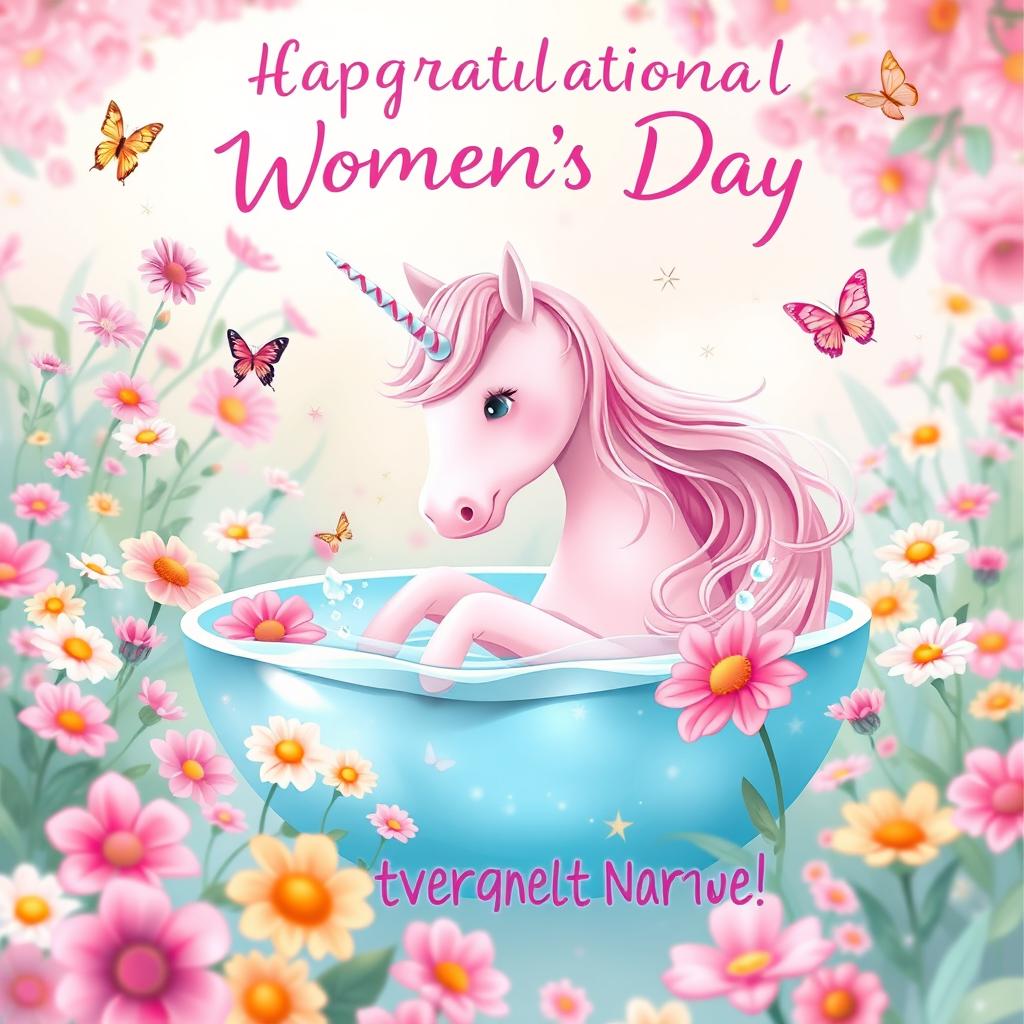 A light and airy congratulatory postcard for International Women's Day featuring a gentle pink unicorn playfully bathing in a garden full of vibrant flowers, with soft pastel colors and whimsical details