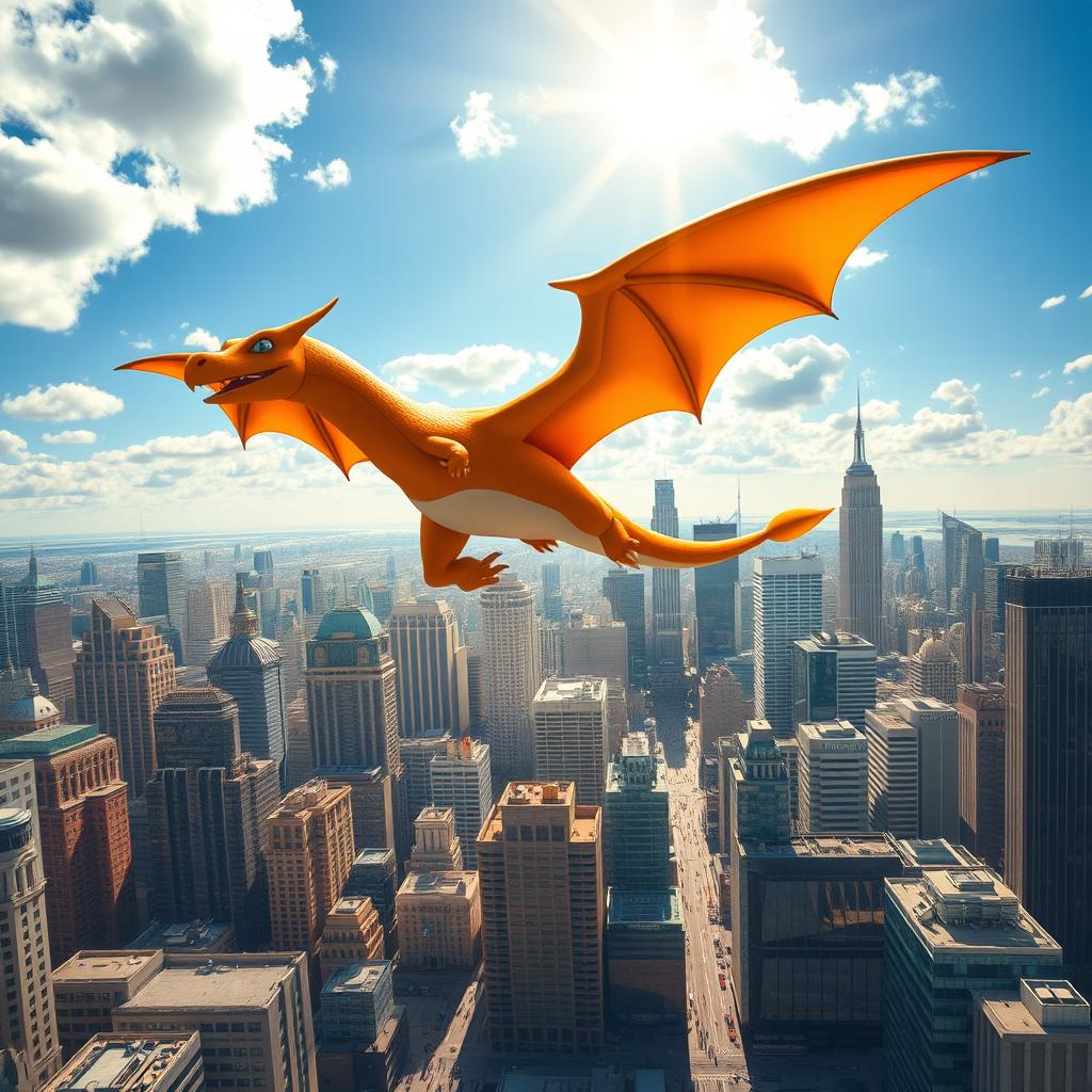 A majestic Charizard soaring gracefully above a sprawling metropolis, with towering skyscrapers reflecting the sunlight