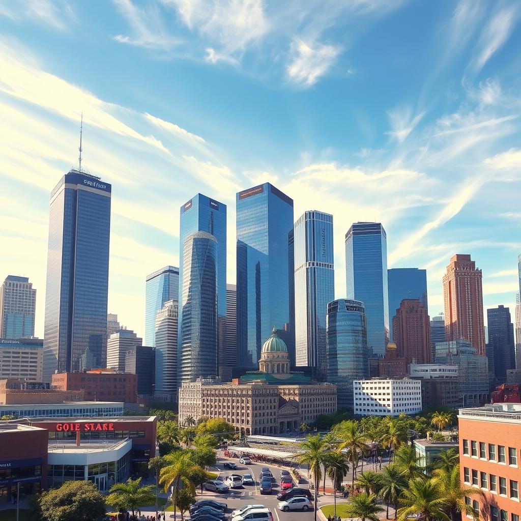 A vibrant city skyline featuring tall skyscrapers of varying modern architectural designs, each building reflecting the sunlight with glass facades