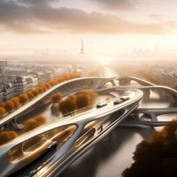 Futuristic Paris, 200 years from now, with advanced architecture, self-driving vehicles, and eco-friendly urban planning.