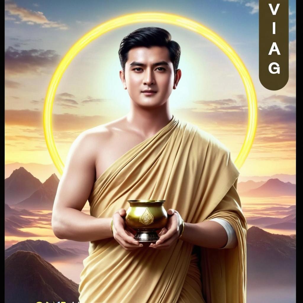 A serene young monk, bald and peaceful, holding a bowl, standing against a radiant golden halo