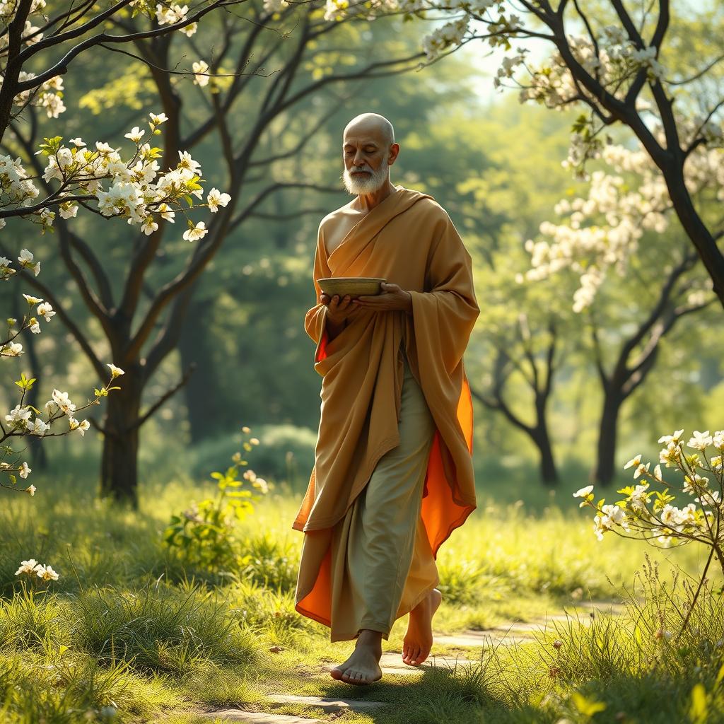 A peaceful scene depicting a great arahant walking gracefully with a bowl in his hand, embodying serenity and wisdom