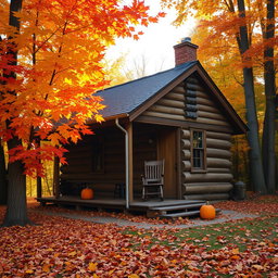 A cozy autumn scene featuring a charming old cabin surrounded by vibrant fall foliage