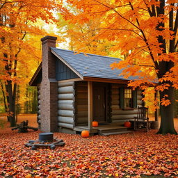 A cozy autumn scene featuring a charming old cabin surrounded by vibrant fall foliage
