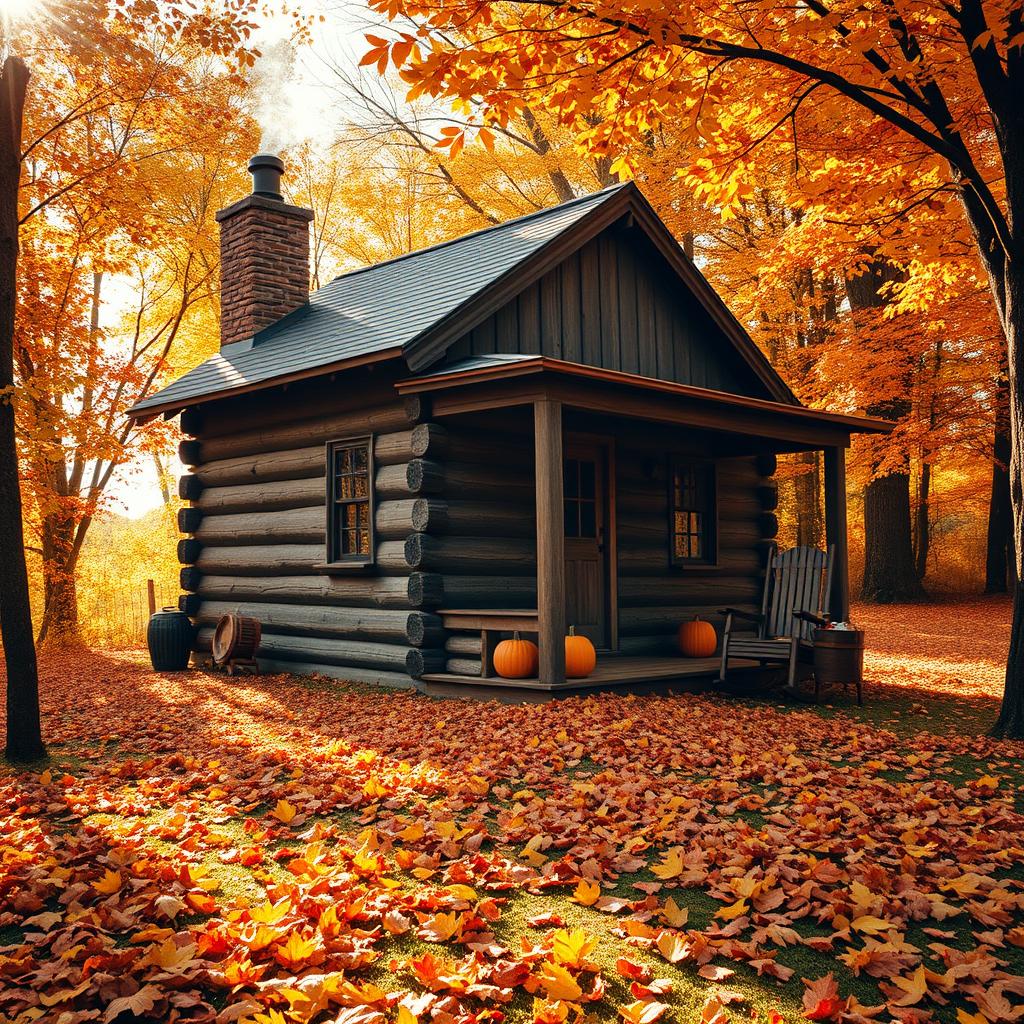 A cozy autumn scene featuring a charming old cabin surrounded by vibrant fall foliage