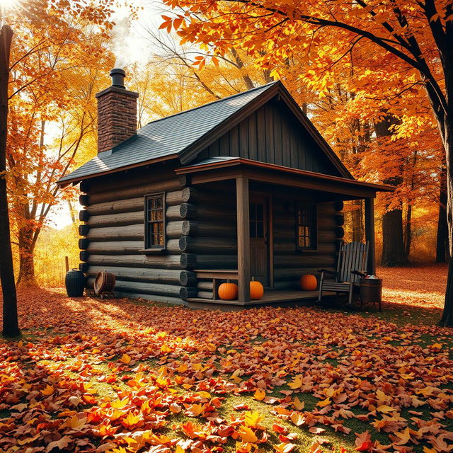 A cozy autumn scene featuring a charming old cabin surrounded by vibrant fall foliage