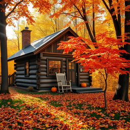 A cozy autumn scene featuring a charming old cabin surrounded by vibrant fall foliage