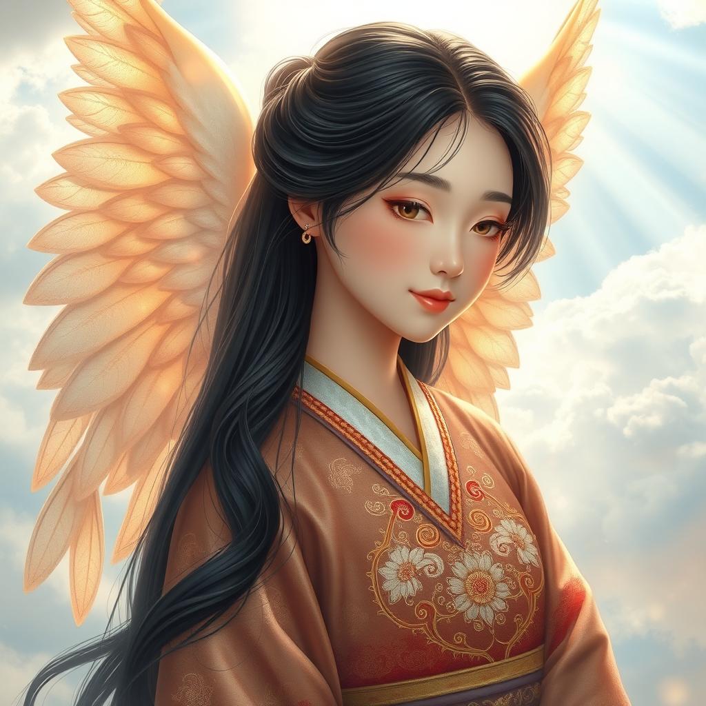 A beautiful Korean angel, featuring delicate, ethereal wings that shimmer in shades of gold and silver