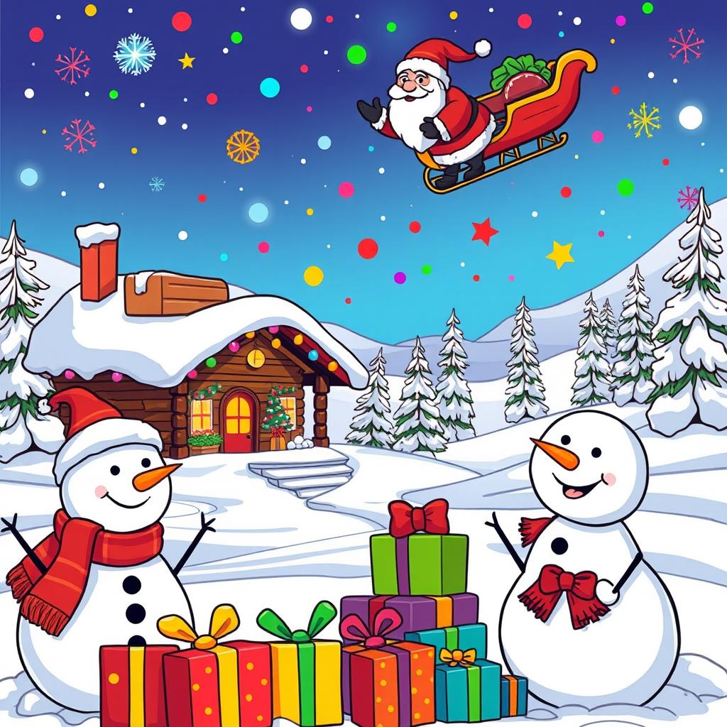 A vibrant Christmas-themed scene in a cartoon style