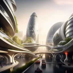 Futuristic London, 200 years from now, featuring advanced architecture, autonomous vehicles, and sustainable city design.