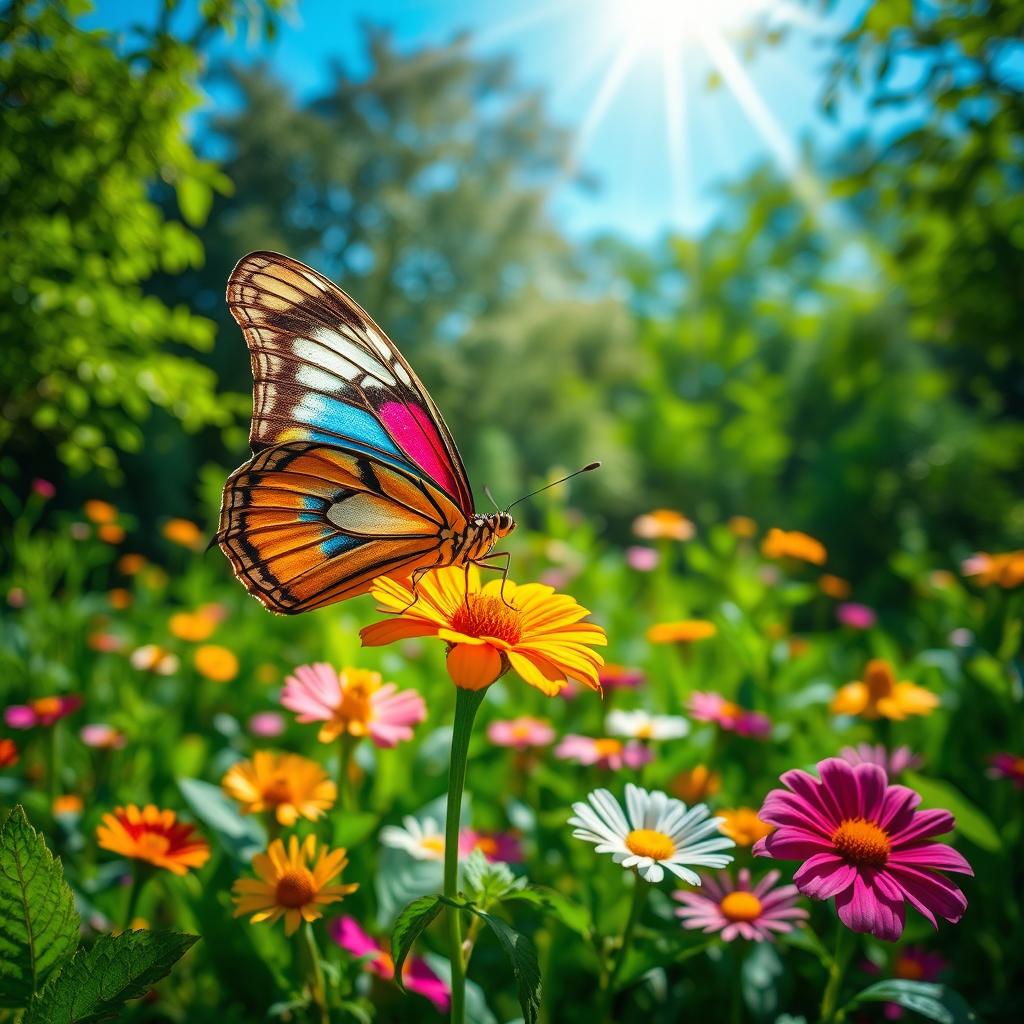 A stunning, realistic butterfly perched delicately on a vibrant flower in a lush, green natural setting