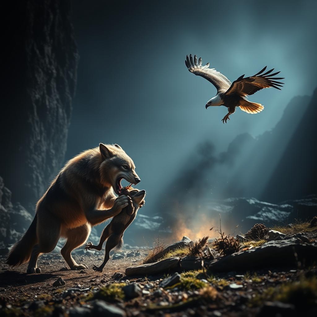 A powerful and dramatic scene depicting the struggle between predator and prey in nature, showcasing the rawness of survival