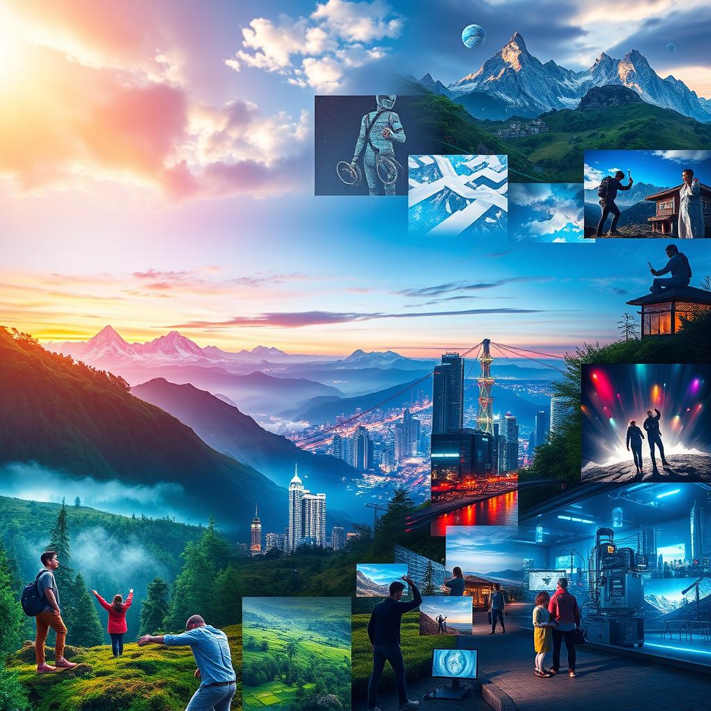 A visually stunning scene depicting vibrant and exhilarating video clips of nature, technology, and urban life seamlessly blended together