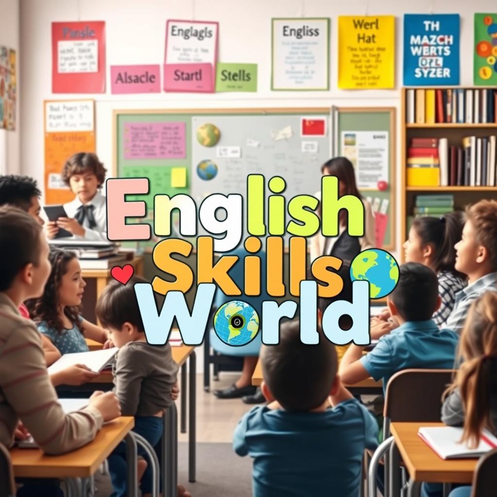 An educational scene depicting a vibrant classroom setting where a teacher is joyfully engaging with students of diverse backgrounds in teaching English