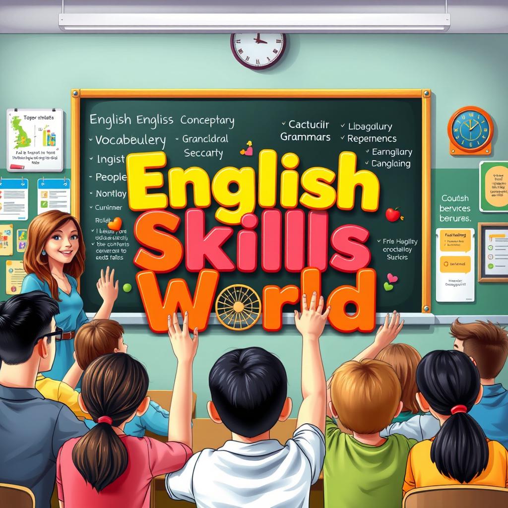 An engaging and colorful classroom scene illustrating a dynamic English language teaching environment