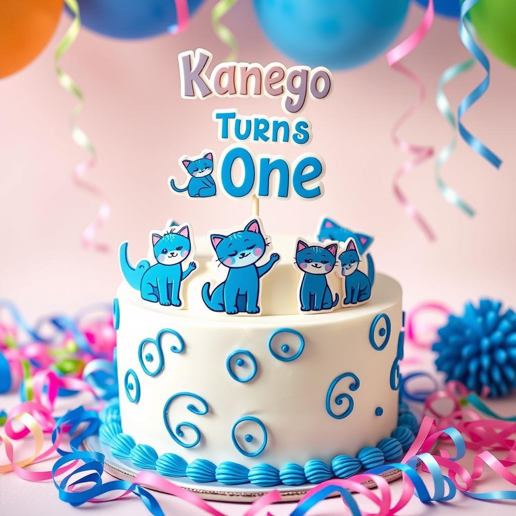 A festive birthday scene featuring a beautifully designed birthday cake that is predominantly blue and white