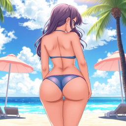 A voluptuous anime girl designed as a 'waifu', featured from the back view, showcasing her gigantic breasts and curvy figure
