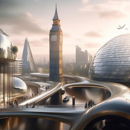 Futuristic London, 200 years from now, featuring advanced architecture, autonomous vehicles, and sustainable city design.