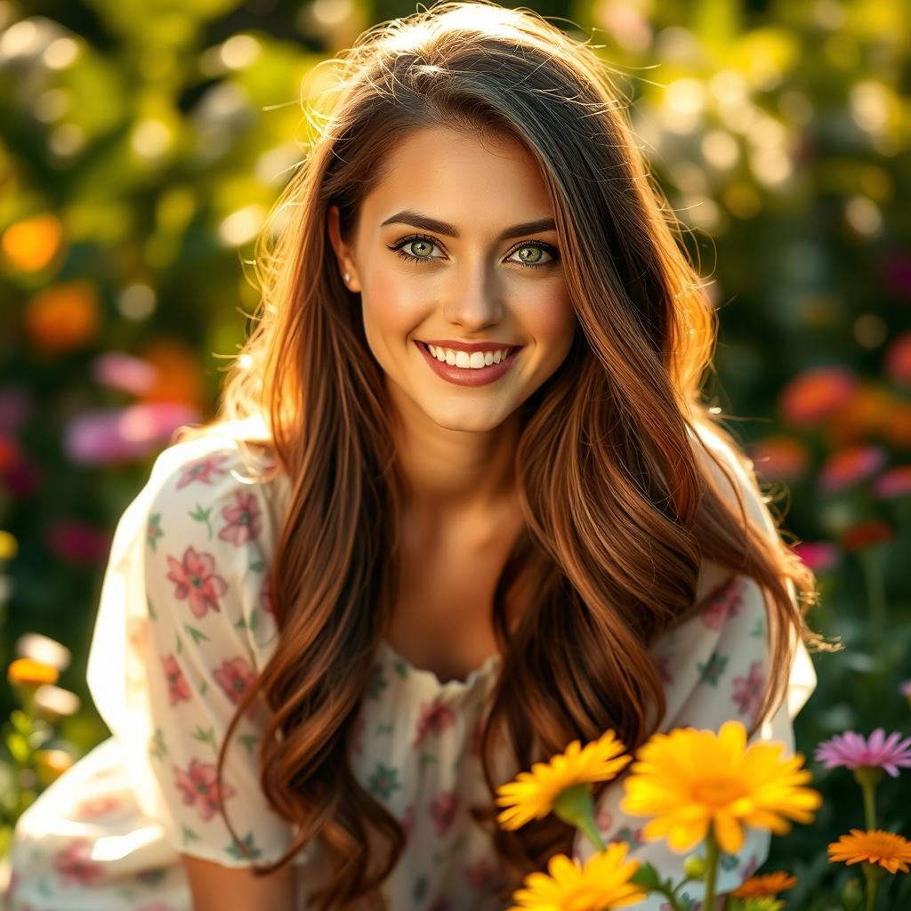 A beautiful portrait of a woman with long, flowing brunette hair and sparkling green eyes, sitting gracefully in a sunlit garden filled with colorful flowers