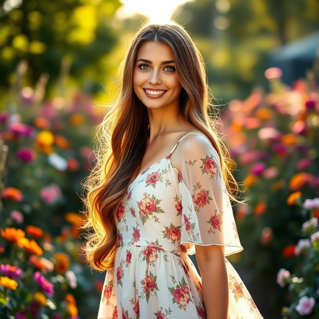 A full-body portrait of a beautiful woman with long, flowing brunette hair and sparkling green eyes, standing elegantly in a sunlit garden filled with colorful flowers