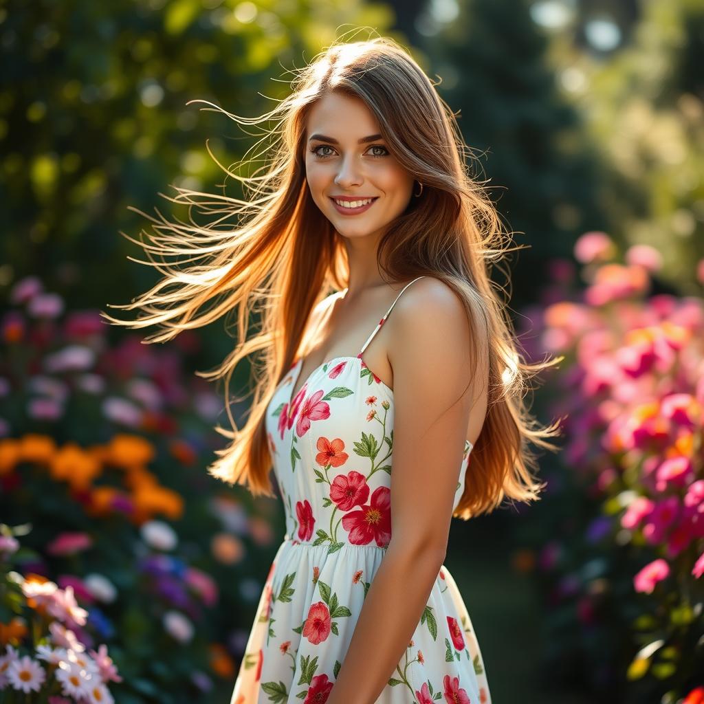 A full-body portrait of a woman with long, flowing brunette hair and sparkling green eyes, standing gracefully in a sunlit garden filled with colorful flowers