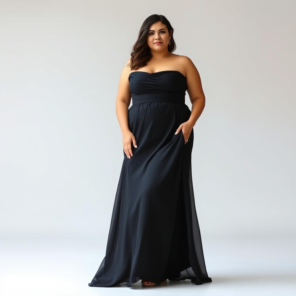 A stylish, full-figured woman wearing a stunning full-length black dress that elegantly flows down to the ground