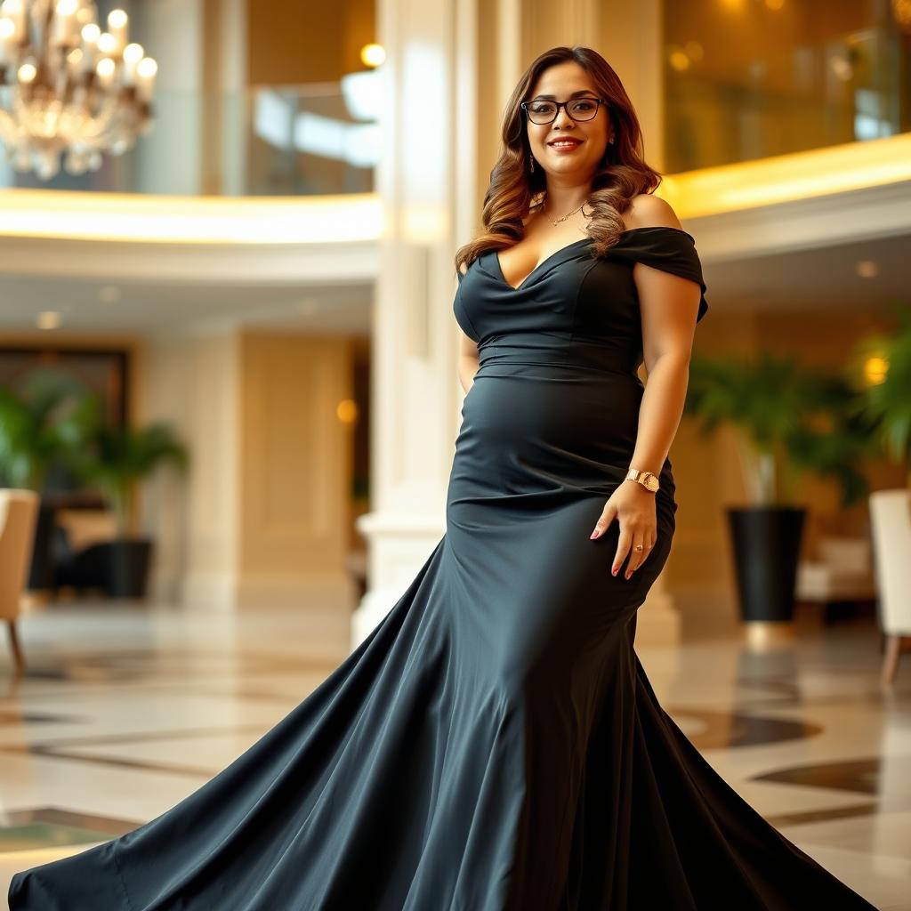 A full-figured woman wearing a stunning full-length black dress that elegantly flows to the floor, accentuating her curves