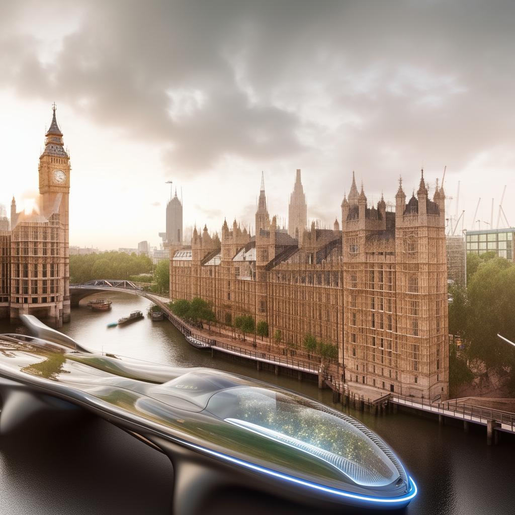 Futuristic London, 200 years from now, featuring advanced architecture, autonomous vehicles, and sustainable city design.