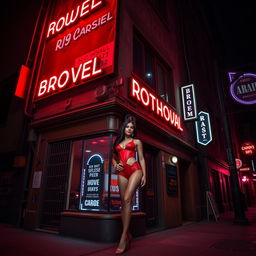 An urban building on a dark city street, illuminated by vibrant red lights indicating it is a brothel