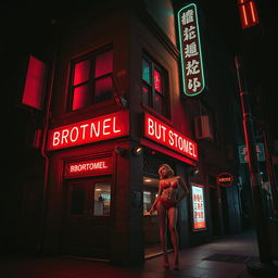 An urban building on a dark city street, illuminated by vibrant red lights indicating it is a brothel