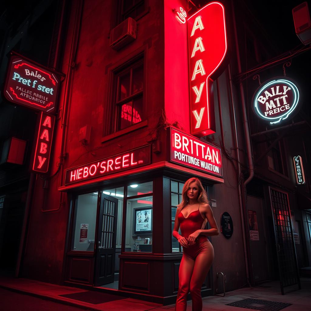 An urban building on a dark city street, illuminated by vibrant red lights indicating it is a brothel