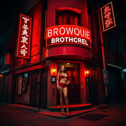 An urban building on a dark city street, illuminated by vibrant red lights indicating it is a brothel