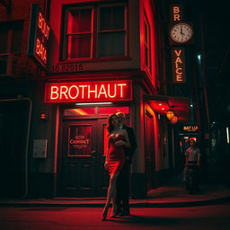 An urban building on a dark city street, illuminated by vivid red lights that signify it is a brothel