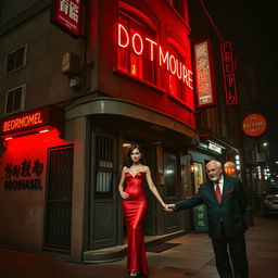 An urban building on a dark city street, illuminated by vivid red lights that signify it is a brothel