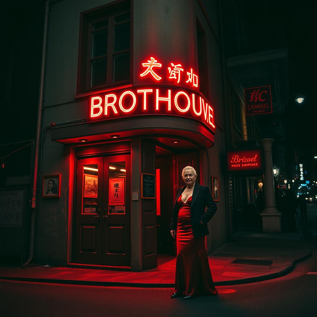 An urban building on a dark city street, illuminated by vivid red lights that signify it is a brothel