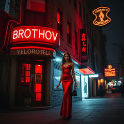 An urban building on a dark city street, illuminated by vivid red lights that signify it is a brothel