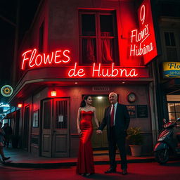 An urban building on a dark, bustling street in a Caribbean city, illuminated with vibrant red lights signaling that it is a brothel called 'Flores de Habana'