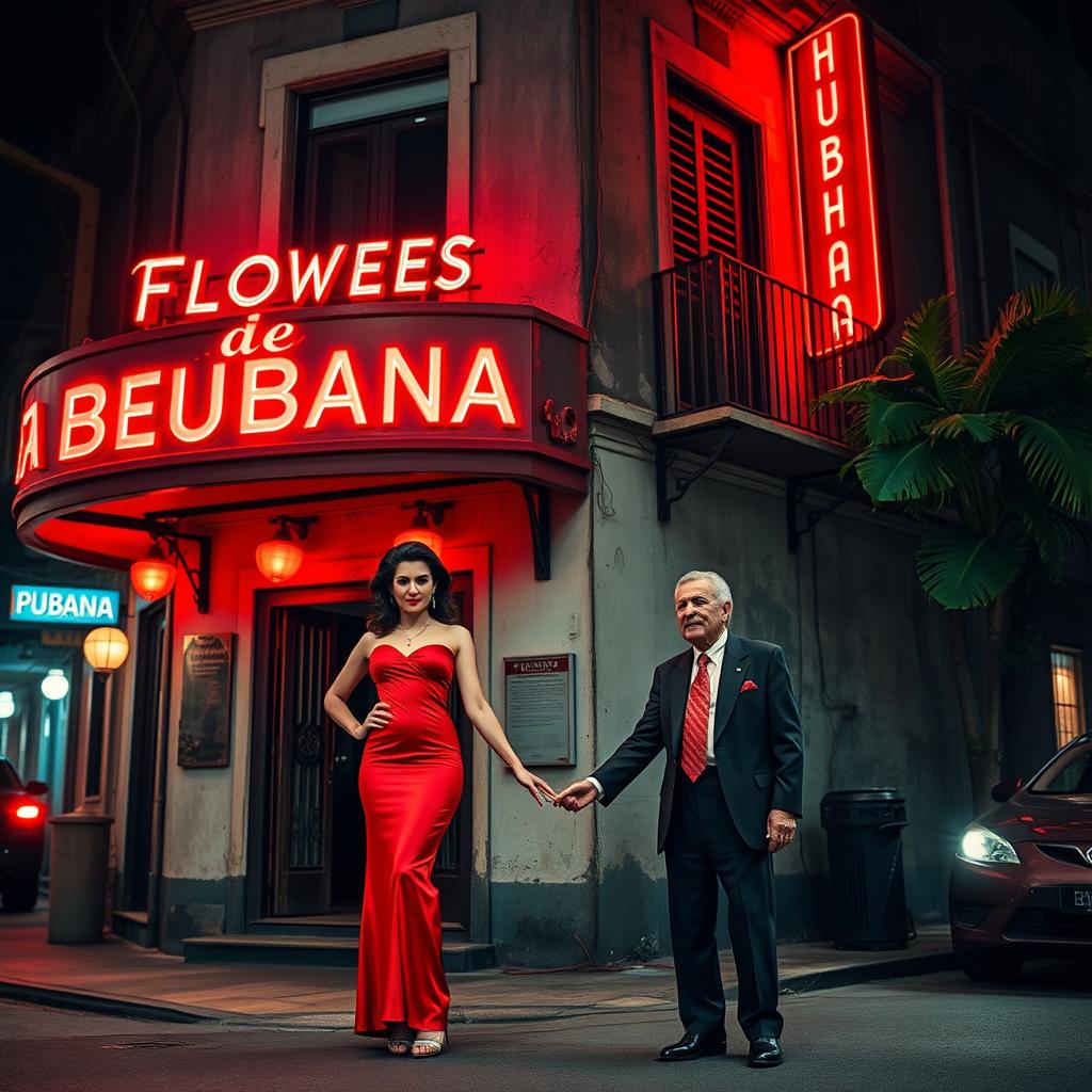 An urban building on a dark, bustling street in a Caribbean city, illuminated with vibrant red lights signaling that it is a brothel called 'Flores de Habana'