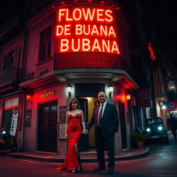 An urban building on a dark, bustling street in a Caribbean city, illuminated with vibrant red lights signaling that it is a brothel called 'Flores de Habana'